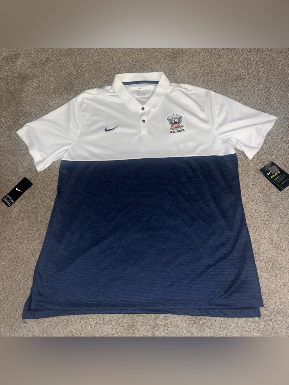 U.S. Navy Polo Shirt Nike Dri Fit White Blue Striped Men 2XL XXL America New NWT